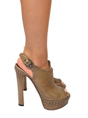 Prada Brown Studded Peep-Toe Platform Slingback Heels